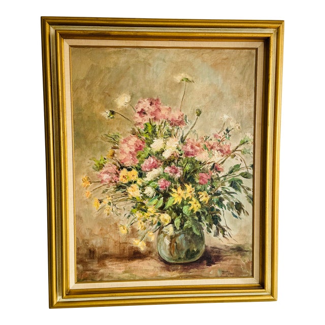 Vintage 1960s Floral Bouquet Oil Painting by Barbara Van Stappen For Sale