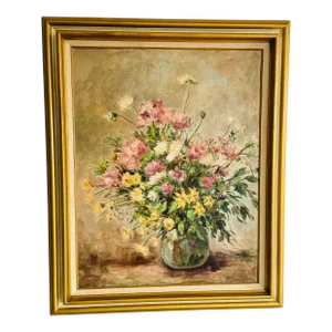 Vintage 1960s Floral Bouquet Oil Painting by Barbara Van Stappen