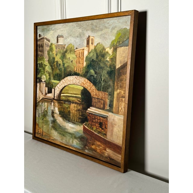 Vintage Cityscape Bridge Still Life Framed Original Oil Painting, Green, Brown, Cream For Sale In Houston - Image 6 of 12
