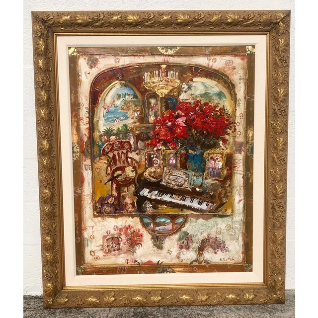 Large original signed Kim Tkatch (1963-) oil on canvas painting. Beautifully framed in a gold wood frame. Mediterranean...
