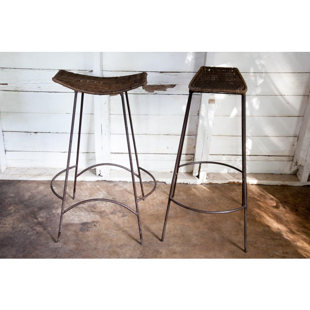 Contemporary 1980s Vintage Wicker Armless Snowshoe Bar Stools - a Pair For Sale - Image 3 of 9