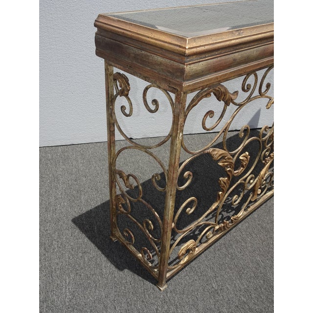 Vintage Ornate Iron & Metal Gold Scrolled Console Entry Table W Veined