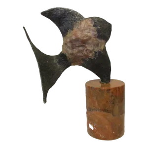 Vintage Brutalist Rose Crystal Quartz and Bronze Fish Sculpture on Marble Pedestal Base