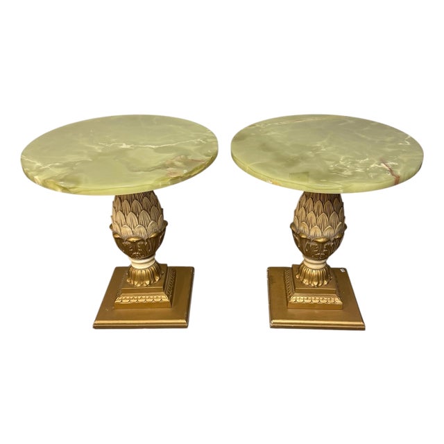 1970s Pair of Vintage Onyx Top Gilt Artichoke Pedestal Side Tables Mid Century For Sale