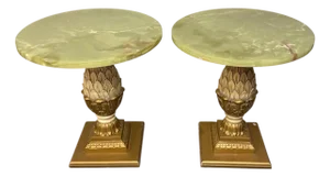 1970s Pair of Vintage Onyx Top Gilt Artichoke Pedestal Side Tables Mid Century