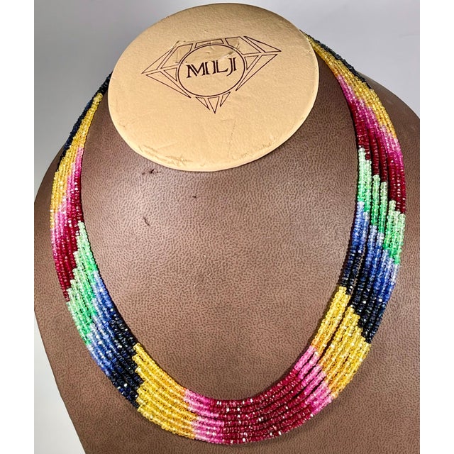 200 Ct 7 Layer Natural Emerald Ruby & Sapphire Bead Necklace 14k Gold Adjustable For Sale In New York - Image 6 of 18
