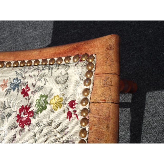 Vintage French Country Oak Saddle Style Seat W Floral Fabric Stool Bench For Sale - Image 9 of 13