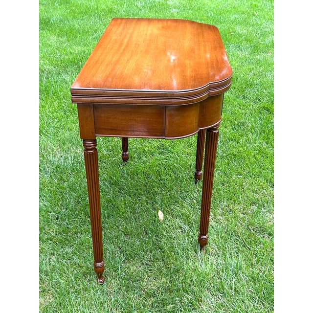 Biggs Furniture, Mahogany, Sheraton Style, Swivel and Hinged Flip Top Mechanism, Game Table, W/Hidden Drawer, Scalloped Edges, and Fluted Legs, 1950 For Sale In South Bend - Image 6 of 12