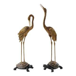Large Bronze Crane Statues - Set of 2 For Sale