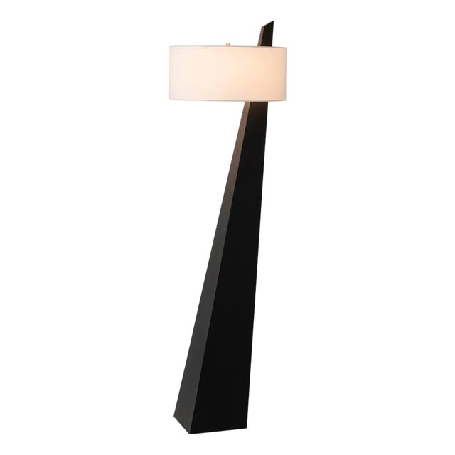 Obelisk Premium Quality 63" Black Oak Floor Lamp, Black Oak Finish, Satin Nickel, White Cotton-Linen Shade, Energy-Efficient Led Compatible For Sale