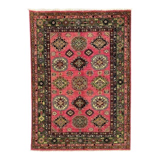 Pink Kazak Tribal Rug With Green Border, 4'11" X 6'8" For Sale