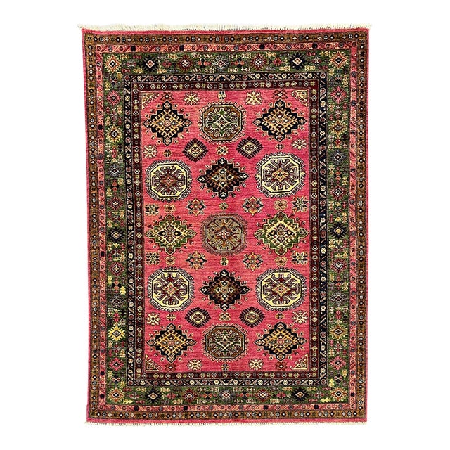 Pink Kazak Tribal Rug With Green Border, 4'11" X 6'8" For Sale
