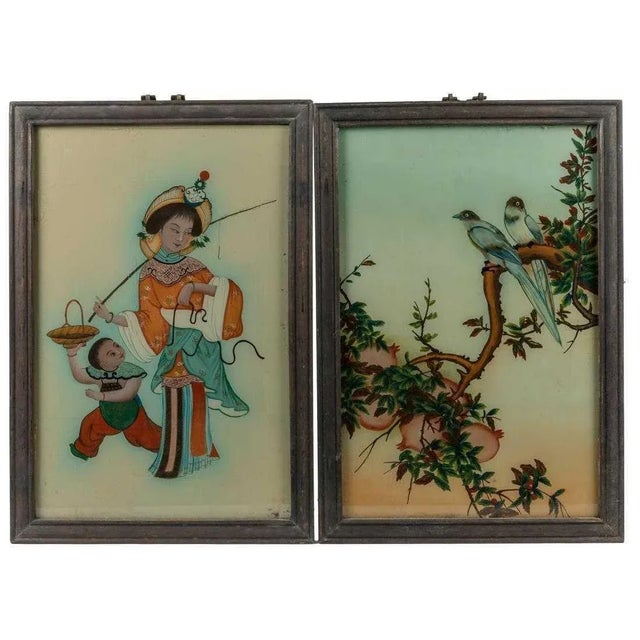 Japanese Set of Four Japanese Reverse Paintings For Sale - Image 3 of 5