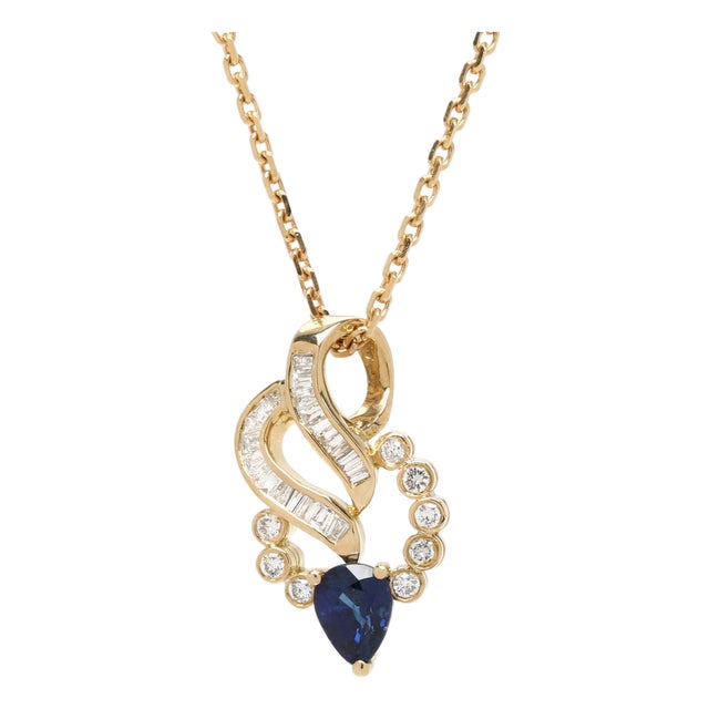 0.97ctw Diamond and Sapphire Pendant Necklace, 18k Yellow Gold, Length 16.5 In For Sale