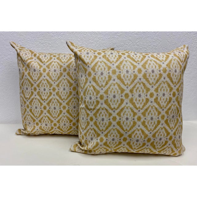 Pair of 20" Square Pillows With a Classic Yellow & Purple Geometric Pattern - Made in Uk. For Sale - Image 9 of 9
