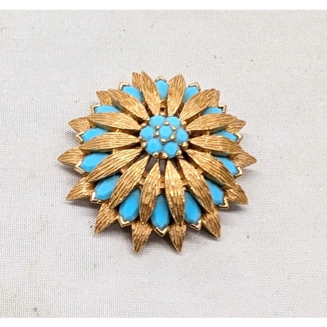 1960s Vintage 1960s Signed Panetta Goldtone Faux-Turquoise Brooch For Sale - Image 5 of 8