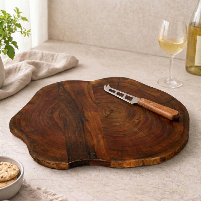 Dimensions: 17" W x 1" D x 17" H This natural serving board makes the most of the wood's irregular growth ring patterns...