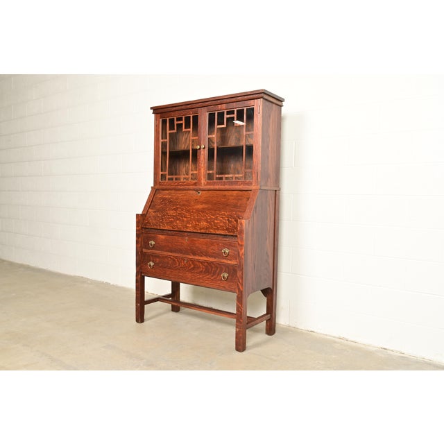 Stickley Brothers Style Antique Mission Oak Arts & Crafts Secretary Desk With Bookcase Hutch, Circa 1910 For Sale - Image 14 of 14