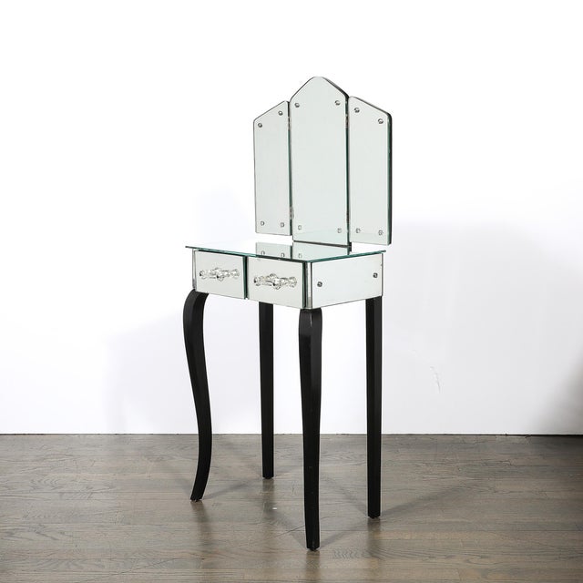 Art Deco Hollywood Mirrored Trifold Ebonized Cabriole Leg Vanity W/ Glass Pulls For Sale In New York - Image 6 of 18