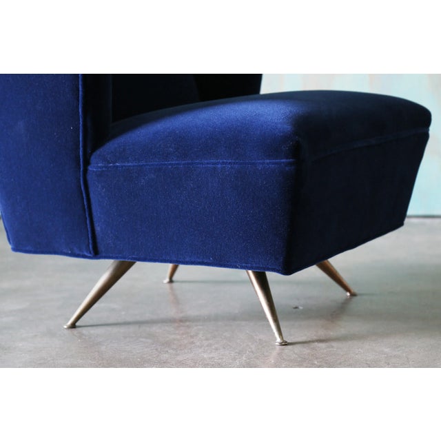 1950s Henry P Glass Swivel Lounge Chairs Blue Mohair on Brass Legs Jl Chase Co. - A Pair For Sale - Image 6 of 12