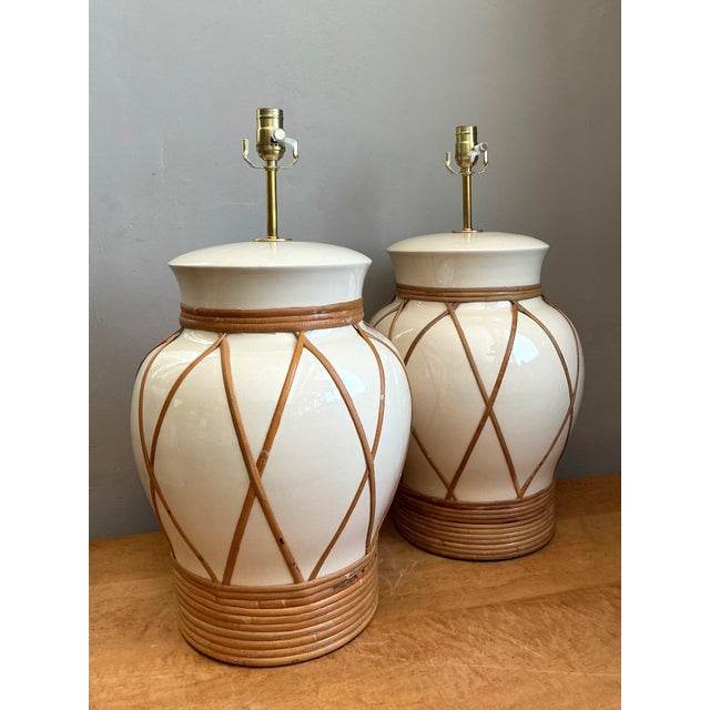 Vintage Ceramic and Rattan Table Lamps - Pair For Sale - Image 4 of 14