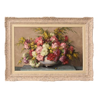 Maurice Alfred Decamps, Still Life with Carnations and Mimosa, Oil on Canvas, 20th Century For Sale