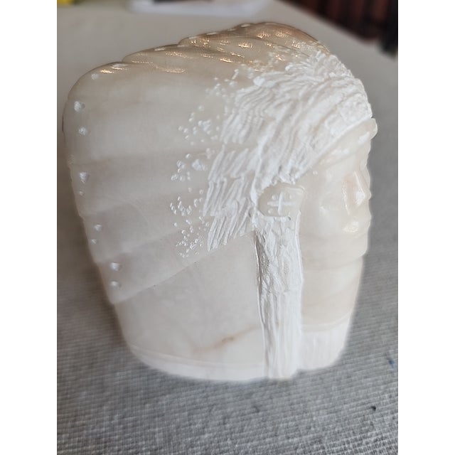 Native American Hand Carved Alabaster Sculpture of Native American Chief Signed l.h. On Back For Sale - Image 3 of 6