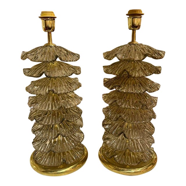 Pair of Murano Fume’ Glass “Ruffle” Lamps For Sale