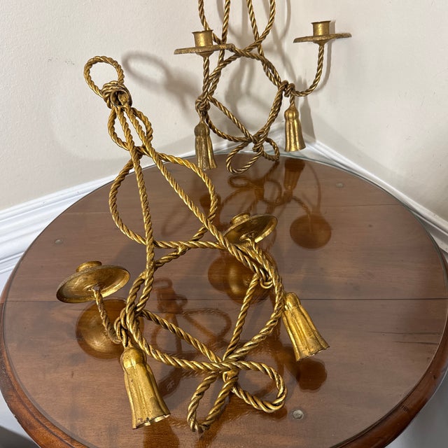 Vintage Pair Brass Rope Tassel Wall Sconces Hollywood Regency Candle Holders For Sale - Image 9 of 9