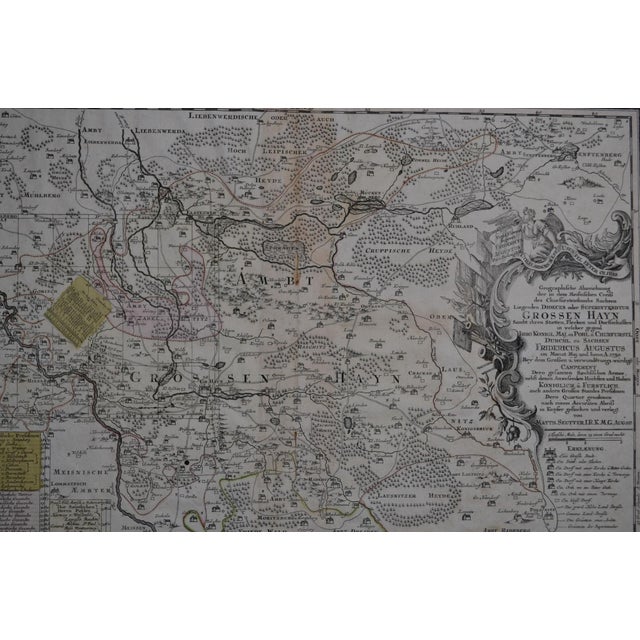 Antique German Geographical Map "Grossen Hayn" 1730 Engraved in Black With Color Highlights For Sale - Image 11 of 12