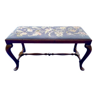 Vintage Queen Anne Style Bench With Needlepoint Upholstered Cushioned Seat For Sale