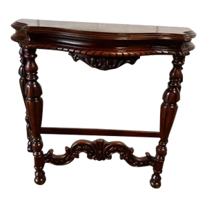 Antique Hand Carved Solid Walnut Demilune Side Table.