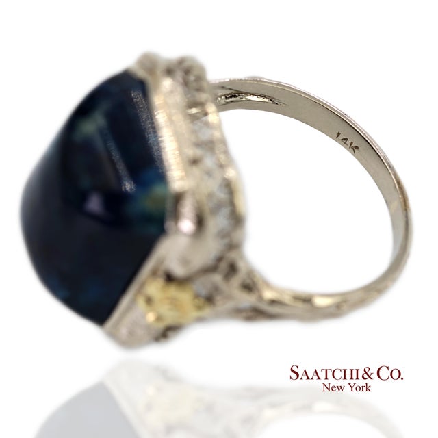 14k Two Tone Yellow and White Gold Blue Stone Ornate Floral Motif Ring, Size 5.25 For Sale - Image 9 of 13