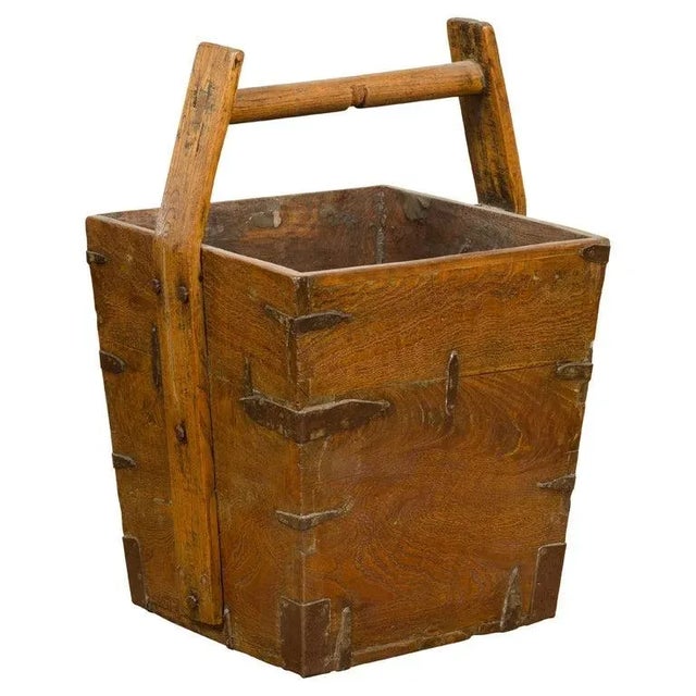 19th Century Antique Chinese Wood & Metal Grain Basket with Carrying Handle For Sale - Image 13 of 13