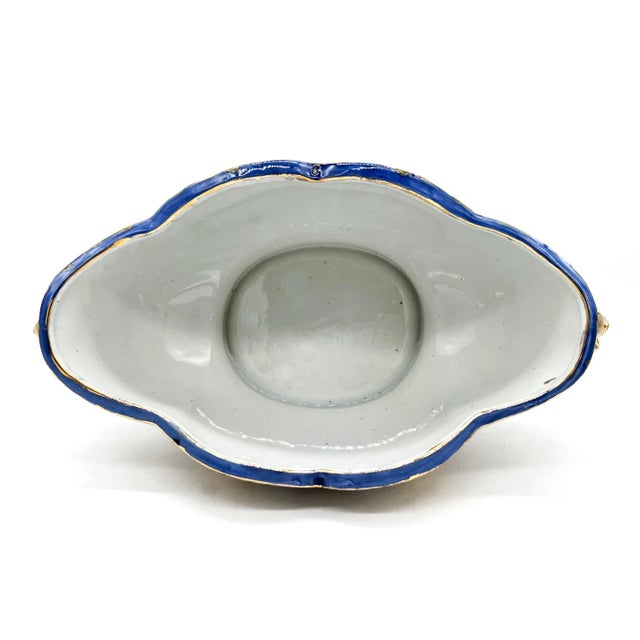 Mid 20th Century Vintage Italian Majolica Centerpiece Bowl – Hand-Painted Blue, Yellow & Gilt With Pomegranate Handles – Baroque / Mediterranean Revival For Sale - Image 5 of 12