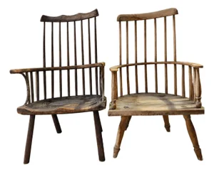 Antique Vernacular. Pair of 19thC Country Primitive Comb/Stick-Back Windsor Chairs With Original Green Paint