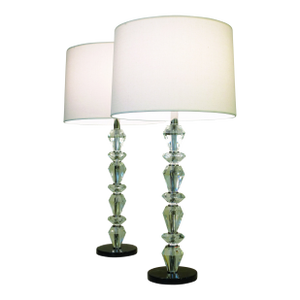 1980s Matched Pair XL Art Deco Revival Stacked Cut Crystal Glass Prism Marble Candlestick Table Lamps