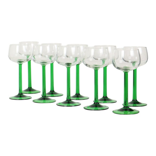 Vintage Alsace Wine Glasses with Green Stems from Luminarc, 1970s, Set of 10, in Very Good conditions. Designed 1970 to 1979