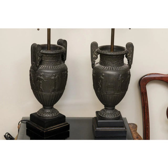 Pair of 1940s French Etruscan Cast Urn Lamps For Sale - Image 12 of 12
