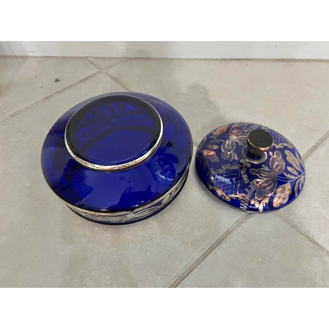 Art Deco Early 20th Century Blue Glass & Silver Floral Overlay Bowl With Lid For Sale - Image 3 of 7