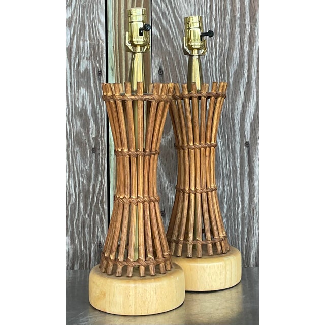 Boho Chic Vintage Coastal Pencil Reed Table Lamps - a Pair For Sale - Image 3 of 5