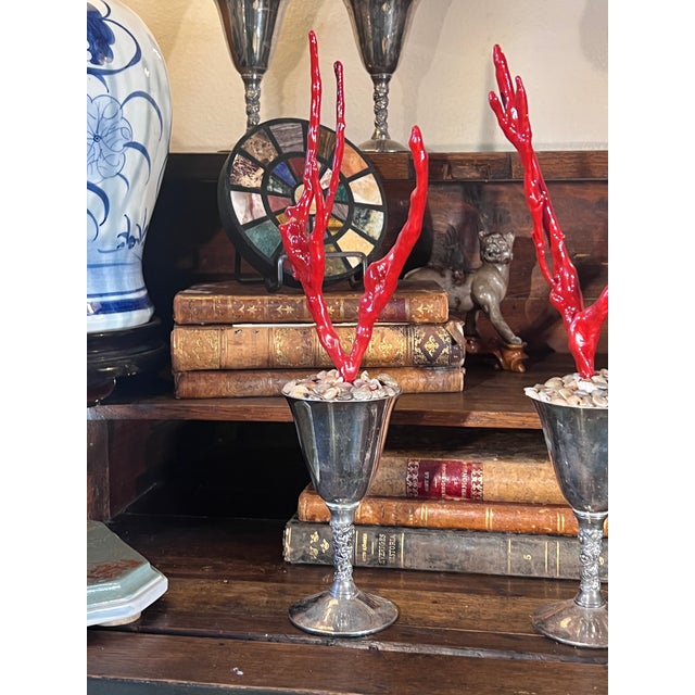 1980s Set of Two Spanish Baroque Silver Plated Baroque Small Goblets With Faux Red Coral Branches For Sale - Image 5 of 9