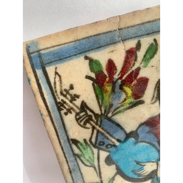 Antique Qajar Iznik Indo Persian Glazed Ceramic Tile For Sale - Image 4 of 11