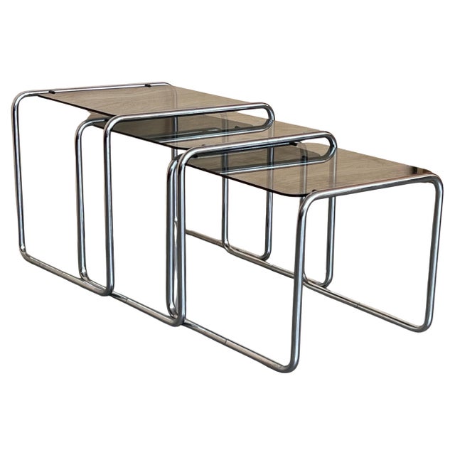 Mid 20th Century Cantilevered Chrome & Glass Nesting Tables with Fume Glasses For Sale - Image 15 of 18