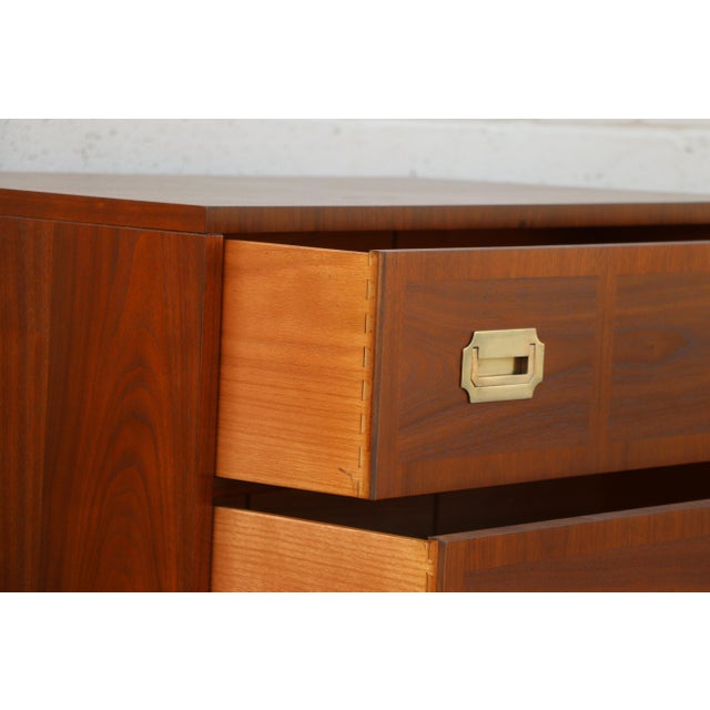 Wood Pair of Mid-Century Modern Campaign Walnut Nightstands by Baker Milling Road | Brass Hardware, Circa 1960s For Sale - Image 7 of 18