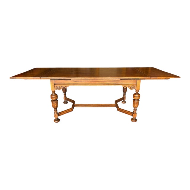 1930s Pristine Solid Oak Draw Leaf Table For Sale