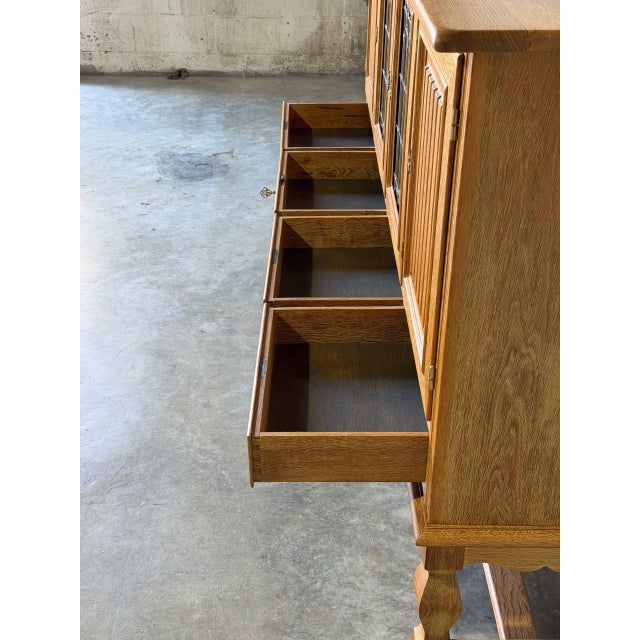 Henning Kjærnulf Oak Sideboard Credenza With Leaded Glass Doors by Henning Mid-Century Modern 1960s For Sale - Image 4 of 13