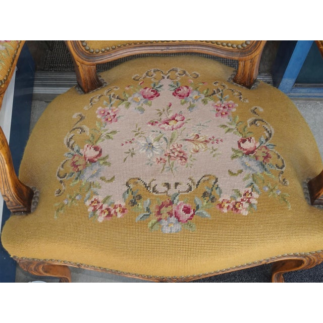 Pair of Vintage French Provincial Louis XVI Gold Tapestry Needlepoint Arm Chairs For Sale - Image 9 of 12
