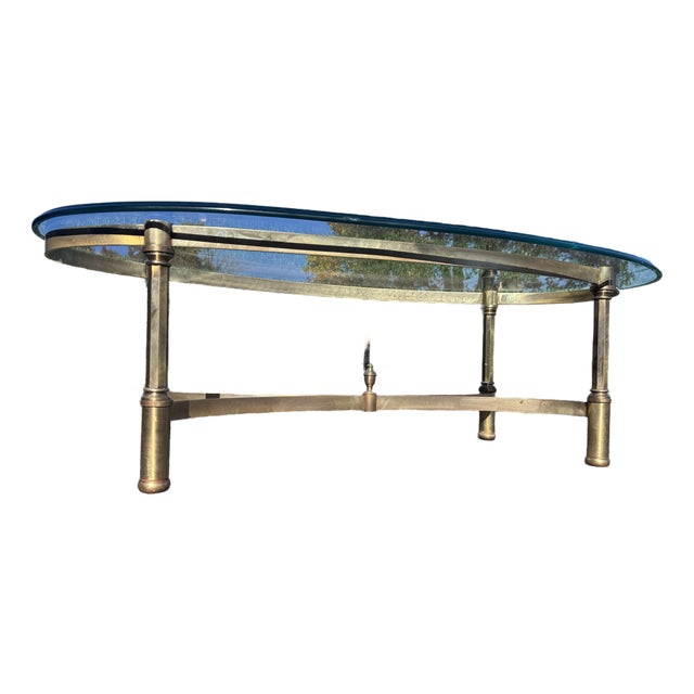 Vintage 1960s Oval Italian Solid Brass & Glass Top Coffee Table For Sale