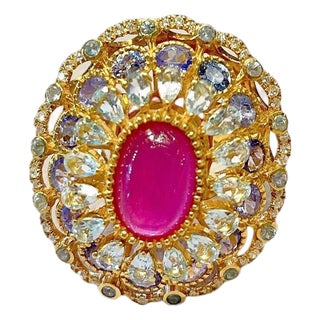 Amethyst Cocktail Ring Tanzanite and Blue Topaz Halo 7.8 Carats For Sale